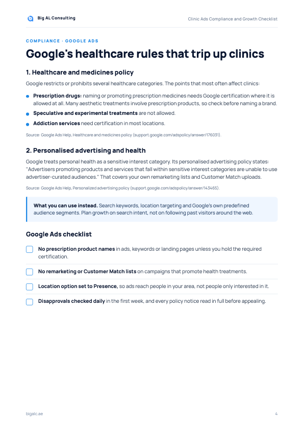 Clinic Ads Compliance and Growth Checklist, sample page