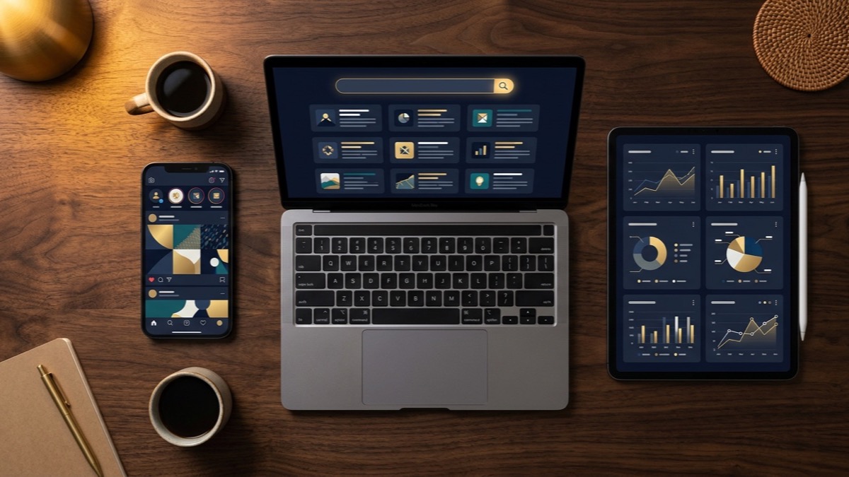 Search, social and analytics dashboards on a laptop, phone and tablet