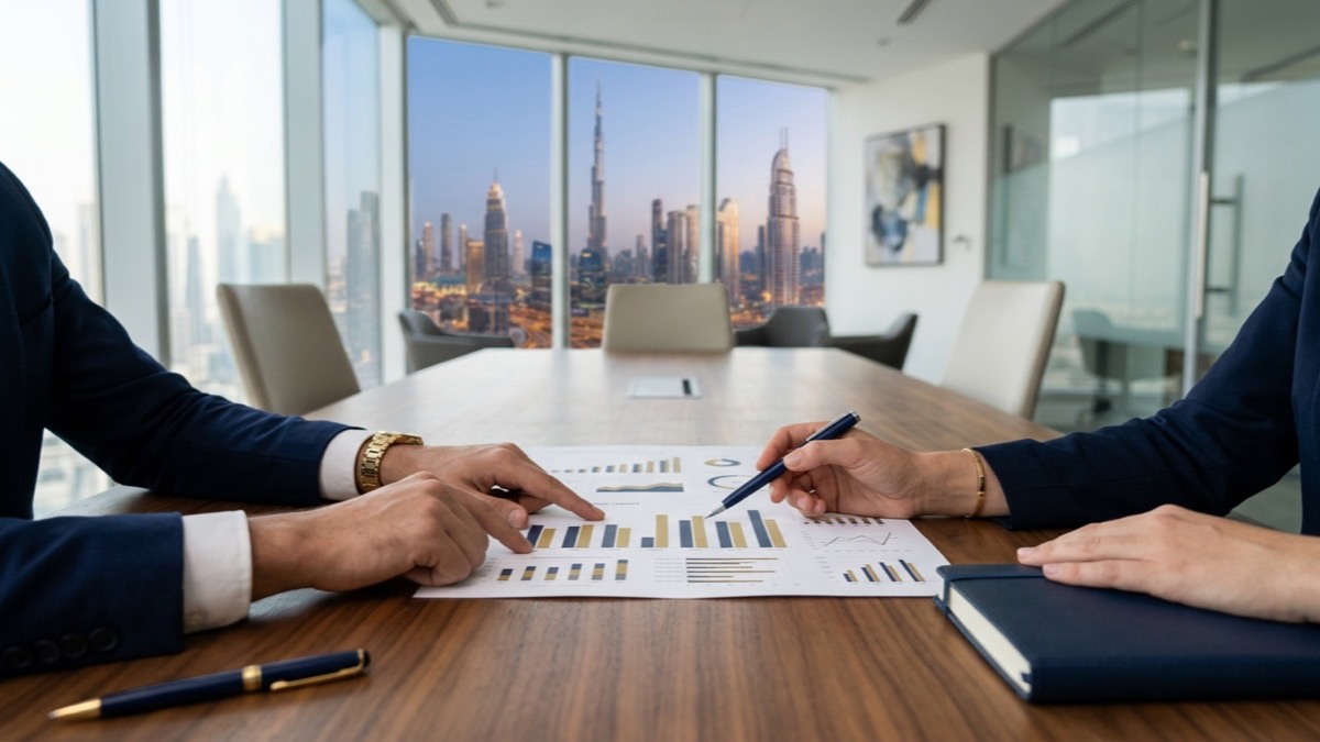 Business owners reviewing a paid media performance report in a Dubai office