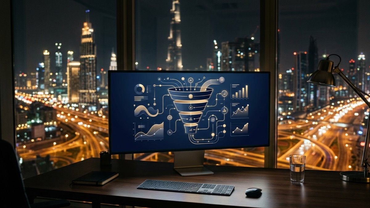 Conversion tracking dashboard in a Dubai office at night